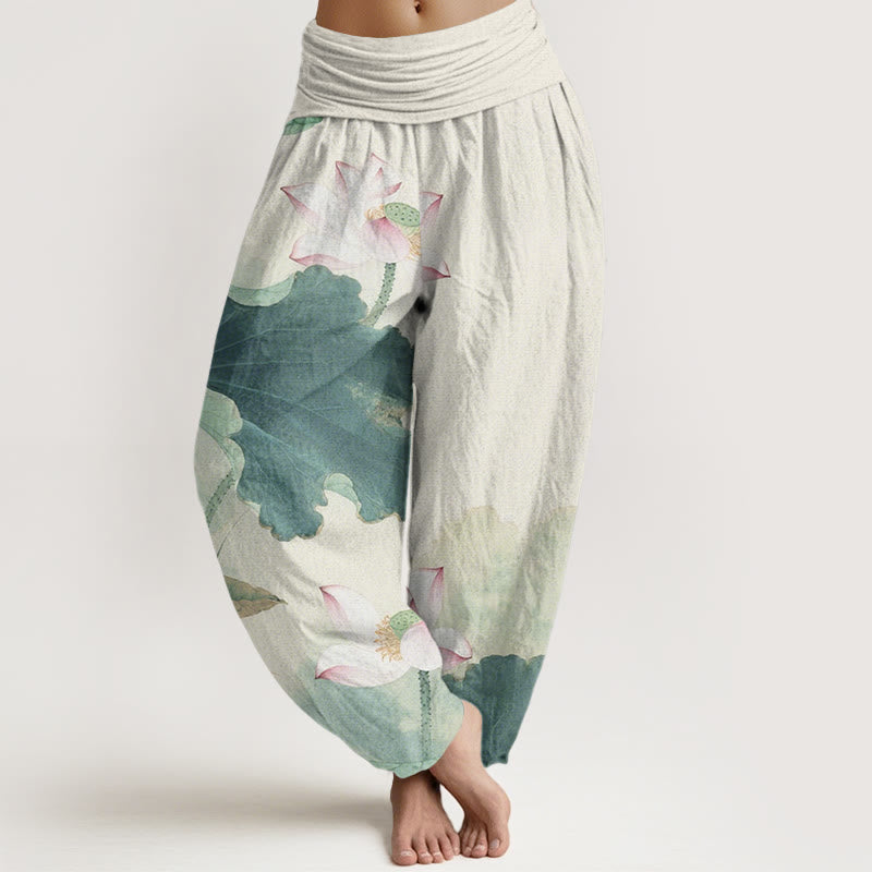 Pantalones harén de cintura elástica para mujer con estampado de pétalos de loto y Buddha Stones - Aguamarina mediana - US22，UK/AU26，EU54 (6XL) - image 1