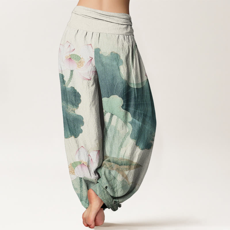 Pantalones harén de cintura elástica para mujer con estampado de pétalos de loto y Buddha Stones - image 3