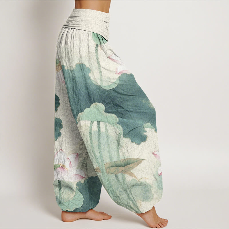 Pantalones harén de cintura elástica para mujer con estampado de pétalos de loto y Buddha Stones - image 2