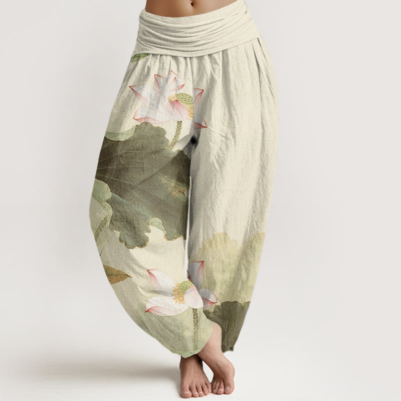 Pantalones harén de cintura elástica para mujer con estampado de pétalos de loto y Buddha Stones - Beige - US22，UK/AU26，EU54 (6XL) - image 5