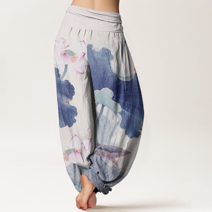 Pantalones harén de cintura elástica para mujer con estampado de pétalos de loto y Buddha Stones - image 10