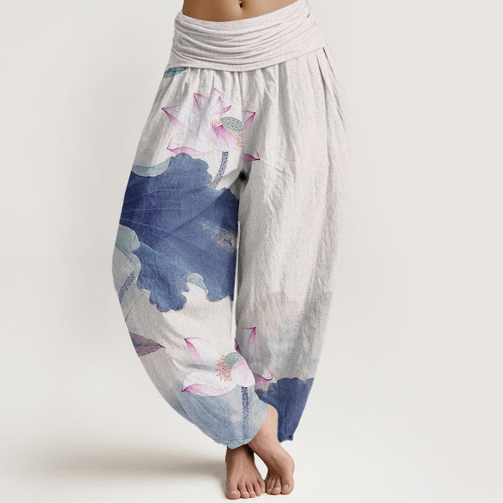 Pantalones harén de cintura elástica para mujer con estampado de pétalos de loto y Buddha Stones - Azul real - US22，UK/AU26，EU54 (6XL) - image 8