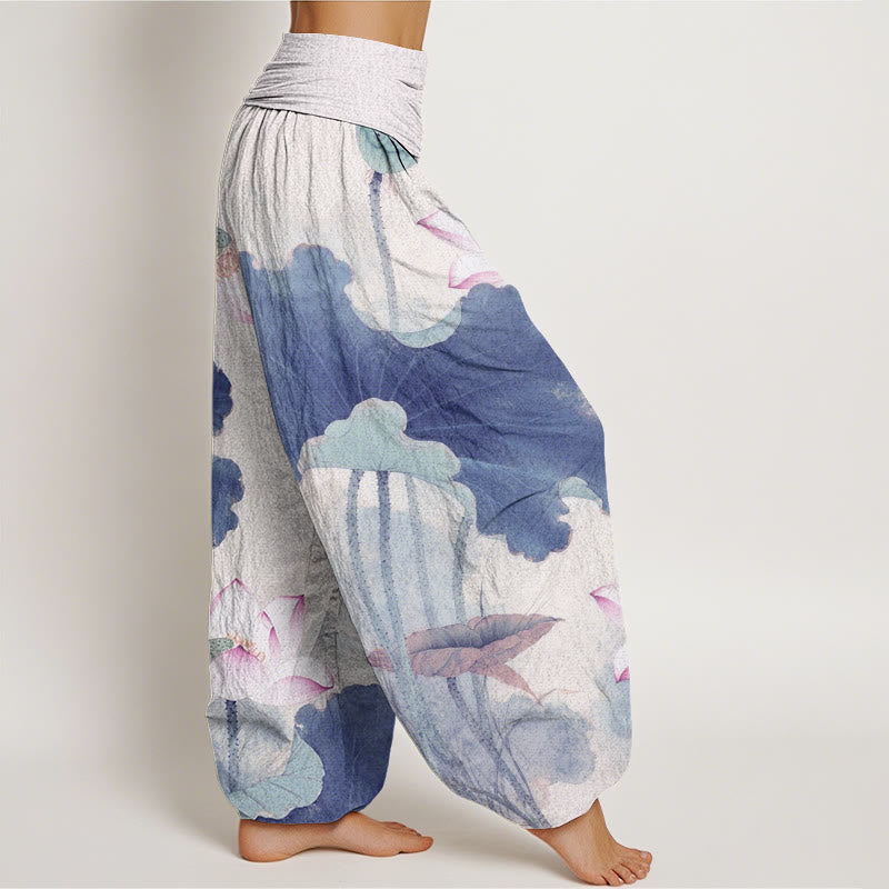 Pantalones harén de cintura elástica para mujer con estampado de pétalos de loto y Buddha Stones - image 9