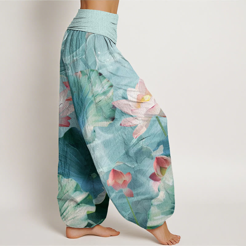 Pantalones bombachos de cintura elástica para mujer, de algodón, estilo casual, con estampado de estanque de pétalos de loto y Buddha Stones. - image 1
