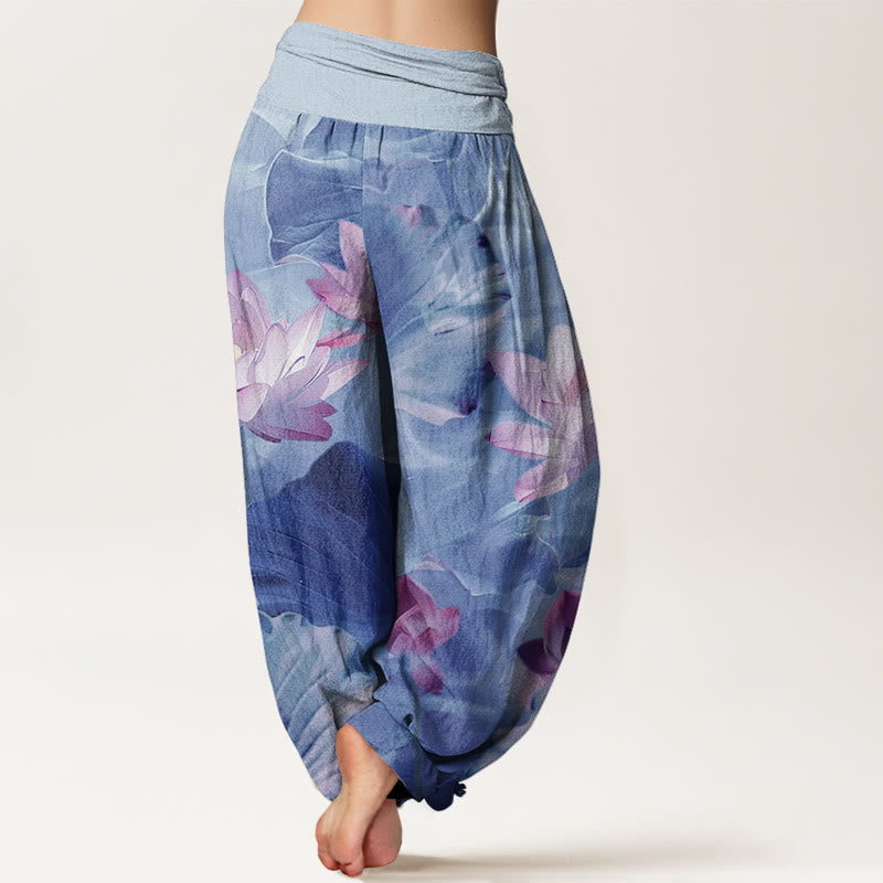 Pantalones bombachos de cintura elástica para mujer, de algodón, estilo casual, con estampado de estanque de pétalos de loto y Buddha Stones. - image 8
