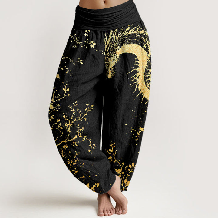 Pantalones bombachos de cintura elástica para mujer, de algodón, estilo casual, con estampado de hojas, flores y dragones, con Buddha Stones. - Negro - US22，UK/AU26，EU54 (6XL) - image 0