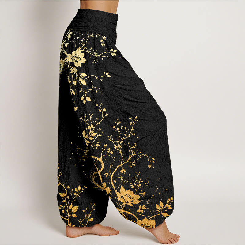 Pantalones bombachos de cintura elástica para mujer, de algodón, estilo casual, con estampado de hojas, flores y dragones, con Buddha Stones. - image 1