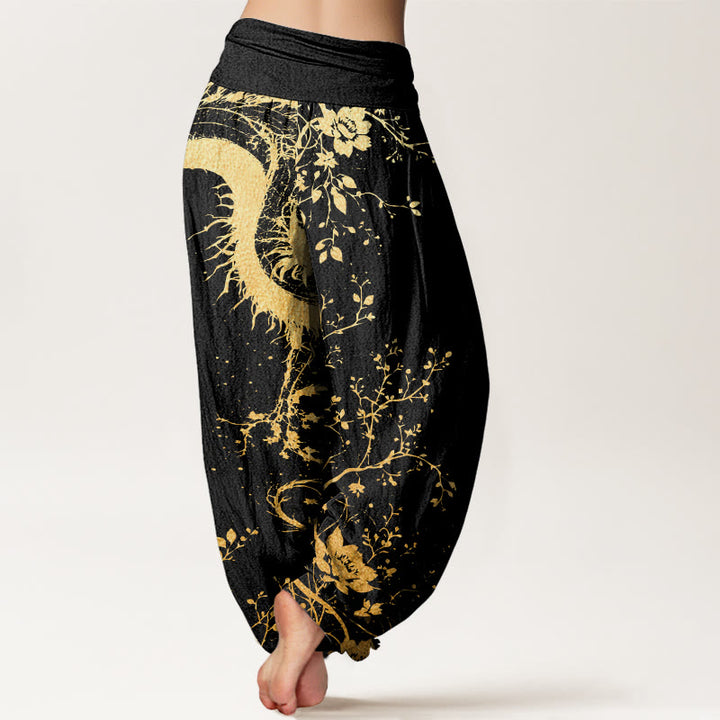 Pantalones bombachos de cintura elástica para mujer, de algodón, estilo casual, con estampado de hojas, flores y dragones, con Buddha Stones. - image 2