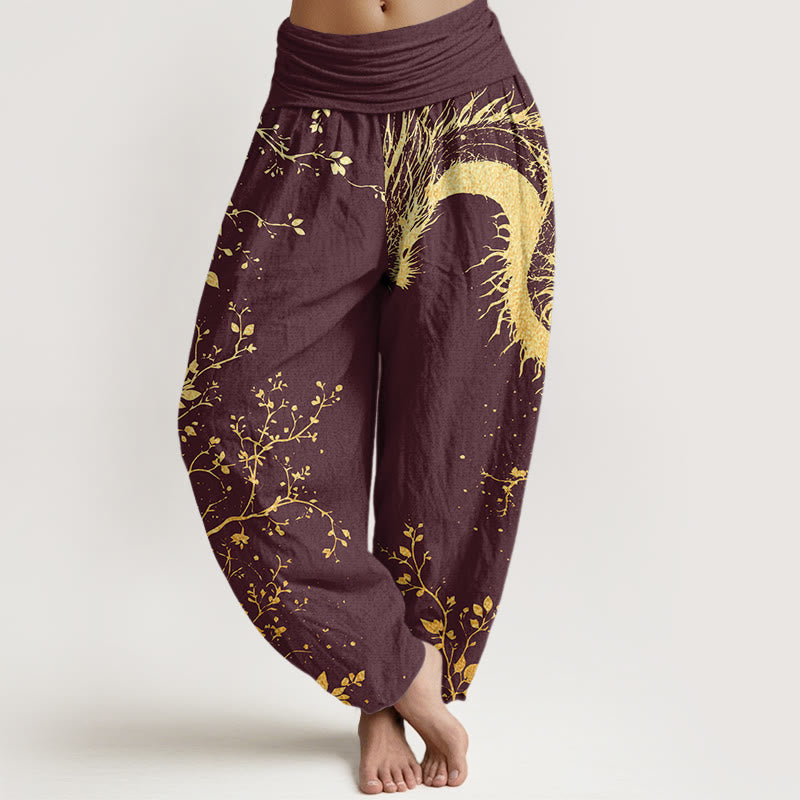 Pantalones bombachos de cintura elástica para mujer, de algodón, estilo casual, con estampado de hojas, flores y dragones, con Buddha Stones. - Granate - US22，UK/AU26，EU54 (6XL) - image 4