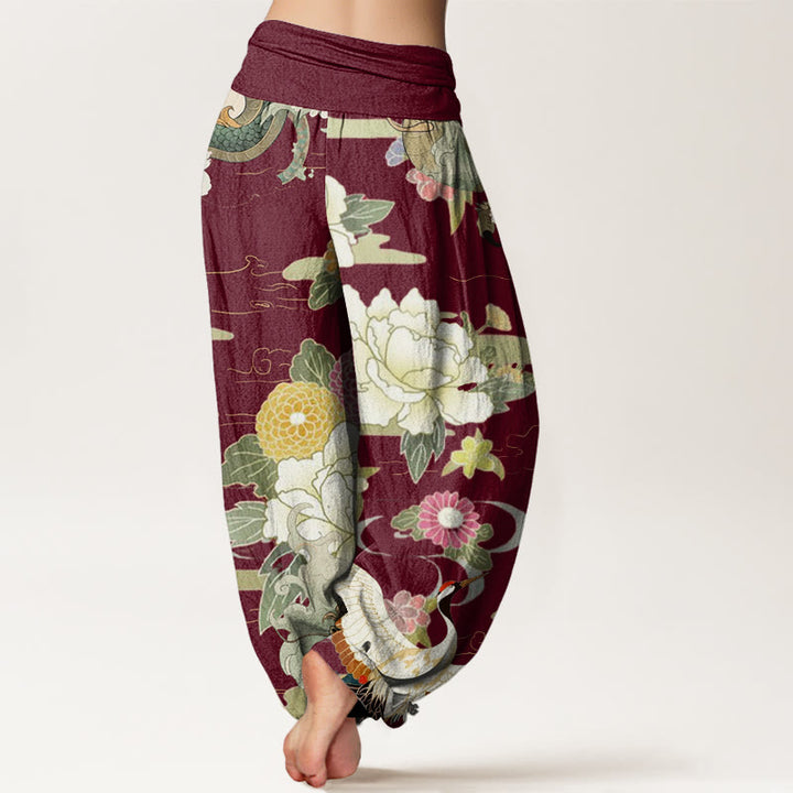 Pantalones bombachos de cintura elástica para mujer, de algodón, estilo casual, con estampado de Buddha Stones , grullas de corona roja y peonías. - image 2