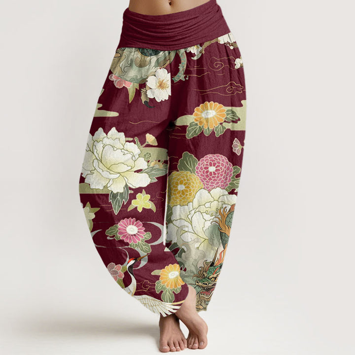 Pantalones bombachos de cintura elástica para mujer, de algodón, estilo casual, con estampado de Buddha Stones , grullas de corona roja y peonías. - Granate - US22，UK/AU26，EU54 (6XL) - image 0