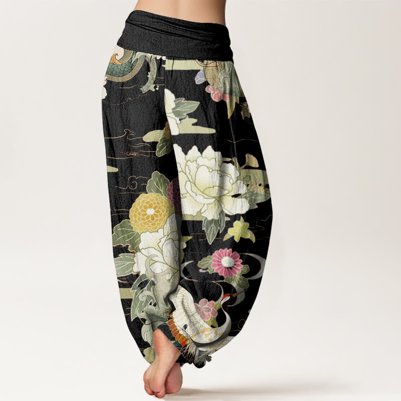 Pantalones bombachos de cintura elástica para mujer, de algodón, estilo casual, con estampado de Buddha Stones , grullas de corona roja y peonías. - image 6