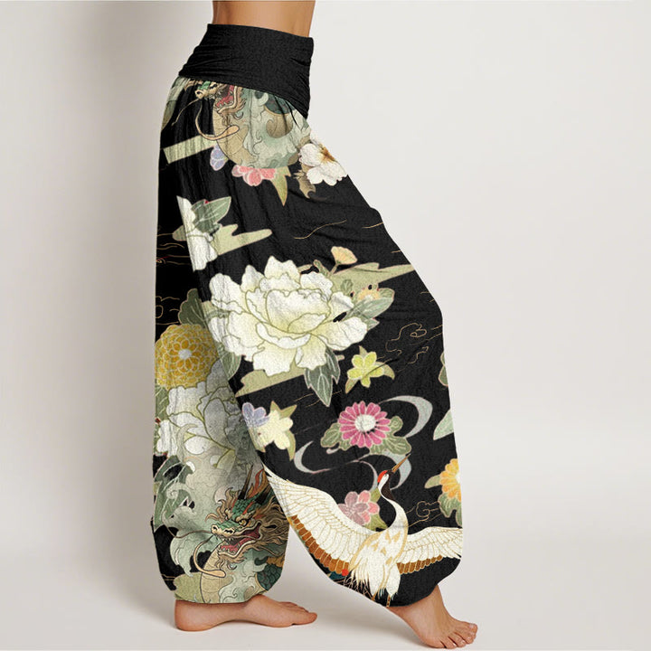 Pantalones bombachos de cintura elástica para mujer, de algodón, estilo casual, con estampado de Buddha Stones , grullas de corona roja y peonías. - image 5