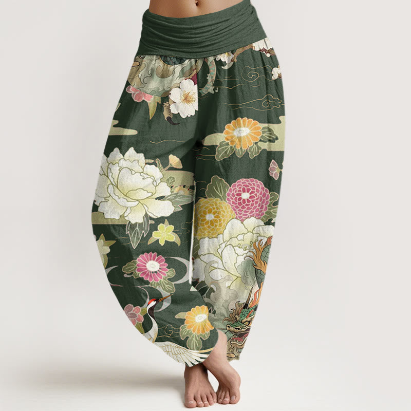 Pantalones bombachos de cintura elástica para mujer, de algodón, estilo casual, con estampado de Buddha Stones , grullas de corona roja y peonías. - Verde oliva - US22，UK/AU26，EU54 (6XL) - image 7