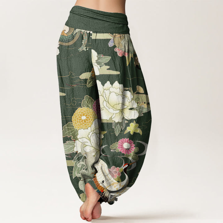 Pantalones bombachos de cintura elástica para mujer, de algodón, estilo casual, con estampado de Buddha Stones , grullas de corona roja y peonías. - image 9