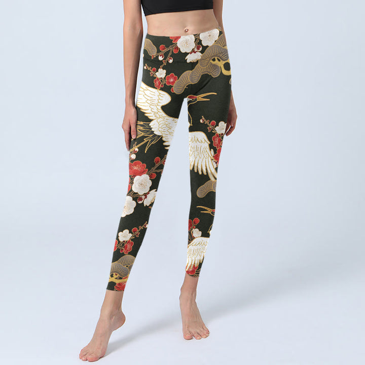 Leggings de yoga para mujer con estampado de grullas coronadas rojas, ramas y piedras de Buddha Stones - image 5