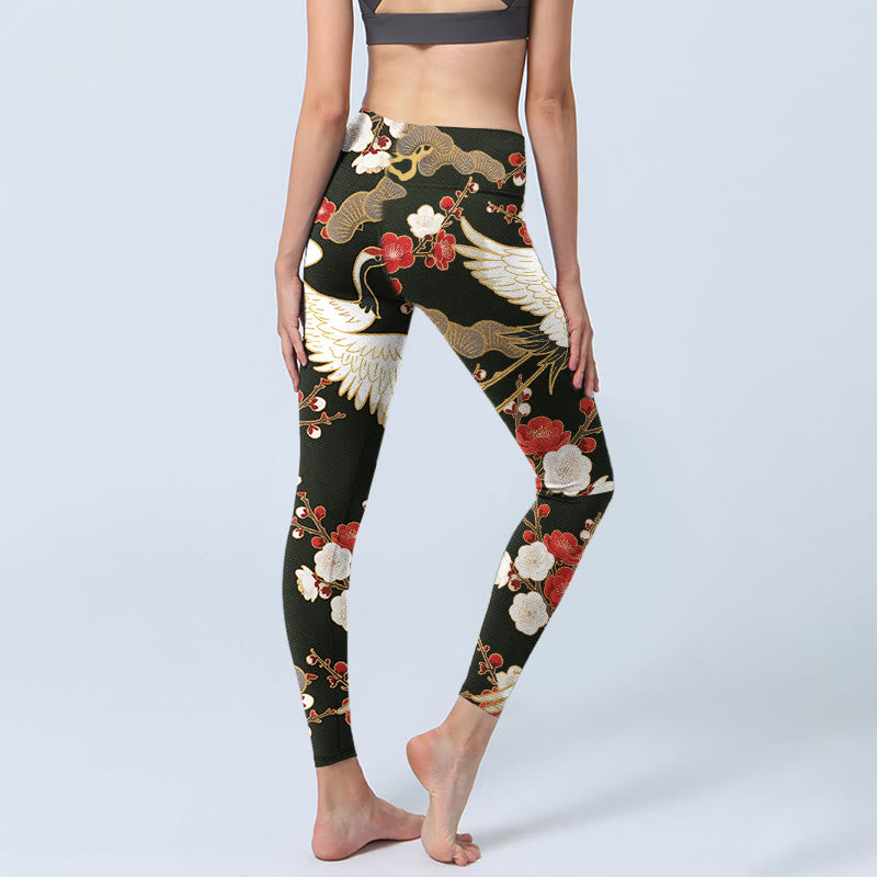 Leggings de yoga para mujer con estampado de grullas coronadas rojas, ramas y piedras de Buddha Stones - image 4