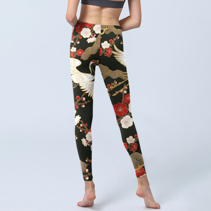 Leggings de yoga para mujer con estampado de grullas coronadas rojas, ramas y piedras de Buddha Stones - image 6