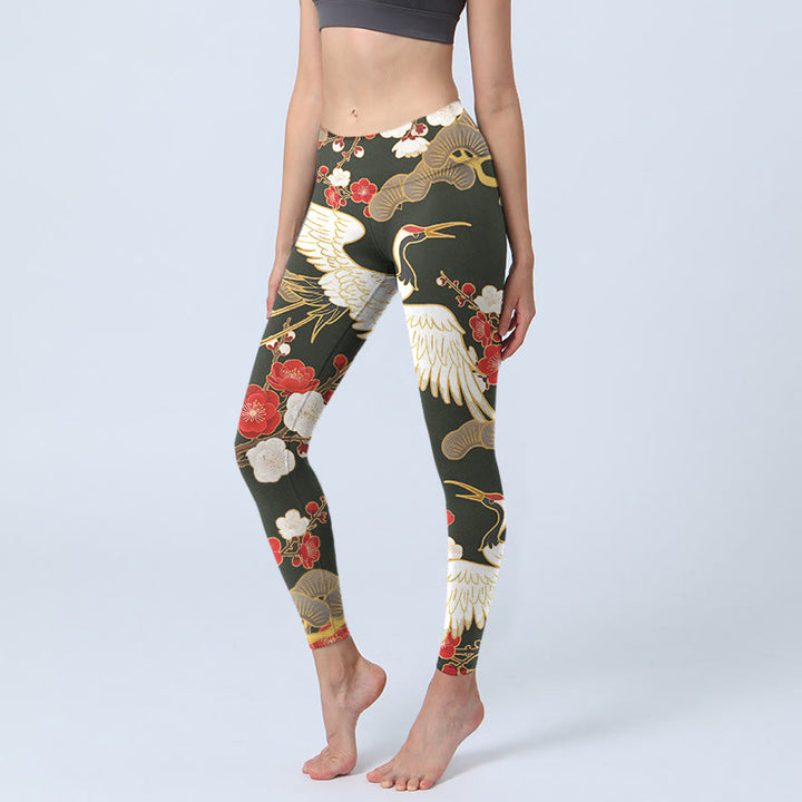 Leggings de yoga para mujer con estampado de grullas coronadas rojas, ramas y piedras de Buddha Stones - Negro - US18，UK/AU22，EU50 (4XL) - image 0