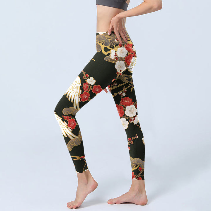 Leggings de yoga para mujer con estampado de grullas coronadas rojas, ramas y piedras de Buddha Stones - image 3