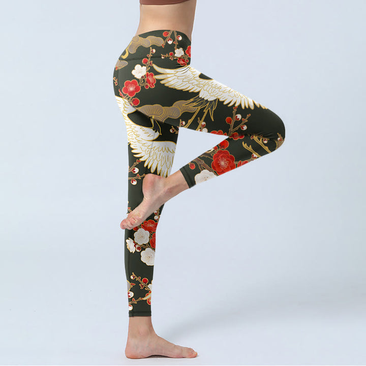 Leggings de yoga para mujer con estampado de grullas coronadas rojas, ramas y piedras de Buddha Stones - image 3