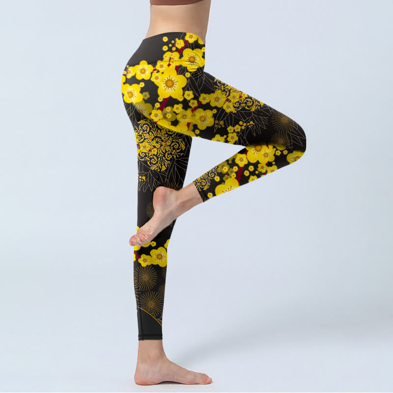 Leggings de yoga para mujer con estampado de Buddha Stones , flores de cerezo amarillas, hojas de bambú y fuegos artificiales - image 3