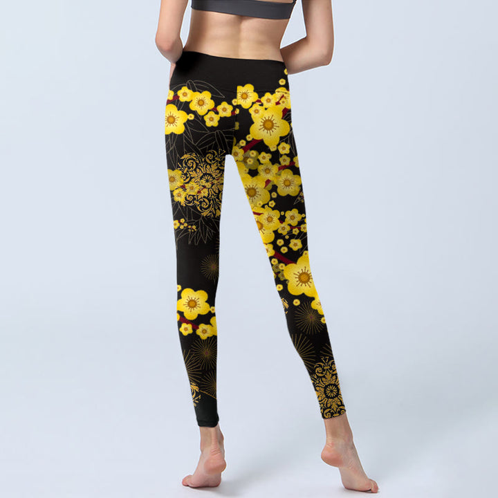 Leggings de yoga para mujer con estampado de Buddha Stones , flores de cerezo amarillas, hojas de bambú y fuegos artificiales - image 6