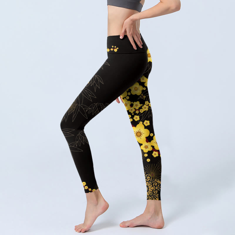 Leggings de yoga para mujer con estampado de Buddha Stones , flores de cerezo amarillas, hojas de bambú y fuegos artificiales - image 2