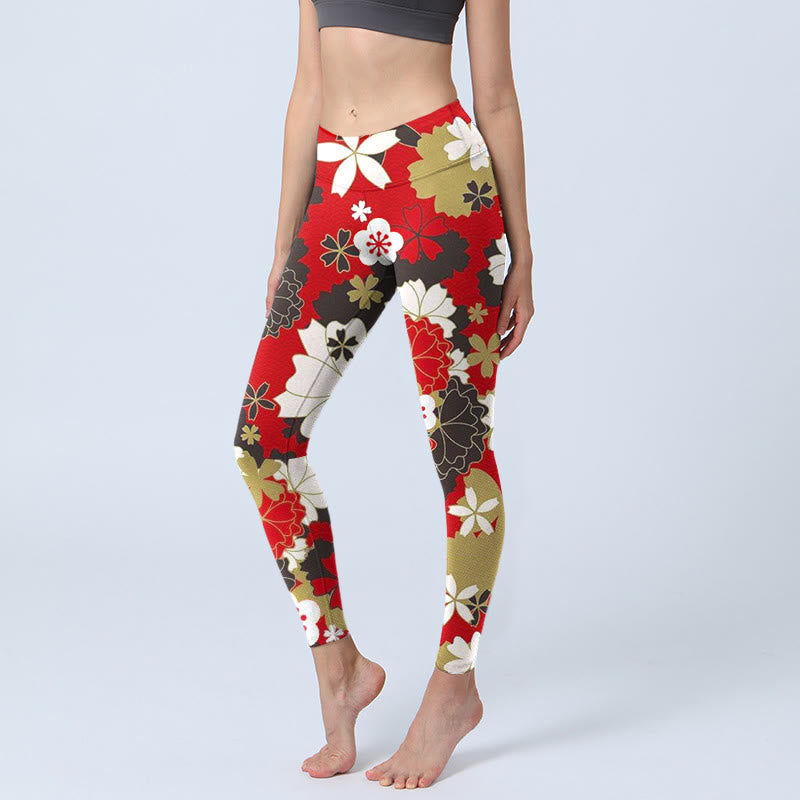 Leggings de yoga para mujer con estampado de pétalos de flor de cerezo y Buddha Stones - Carmesí - US18，UK/AU22，EU50 (4XL) - image 1