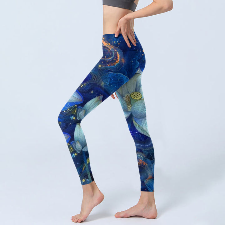 Leggings de yoga para mujer con estampado de loto blanco floreciente y Buddha Stones - image 3