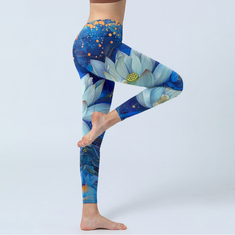 Leggings de yoga para mujer con estampado de loto blanco floreciente y Buddha Stones - image 4
