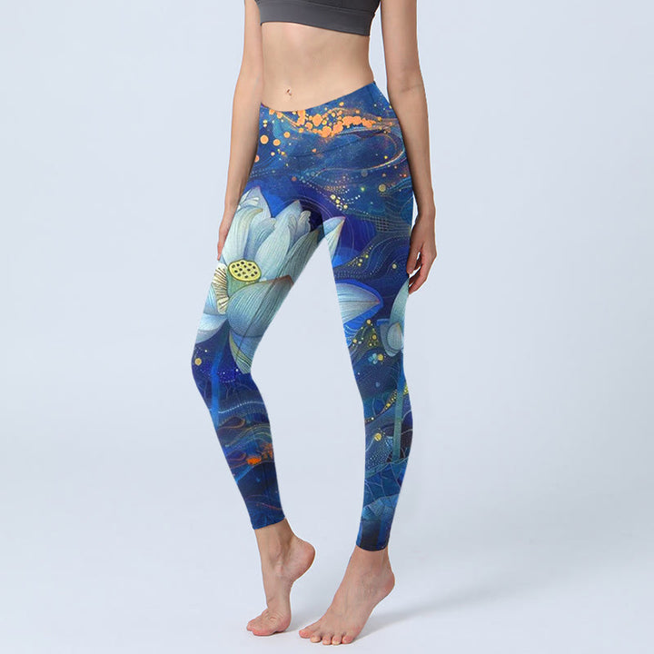 Leggings de yoga para mujer con estampado de loto blanco floreciente y Buddha Stones - Azul acero - US18，UK/AU22，EU50 (4XL) - image 1