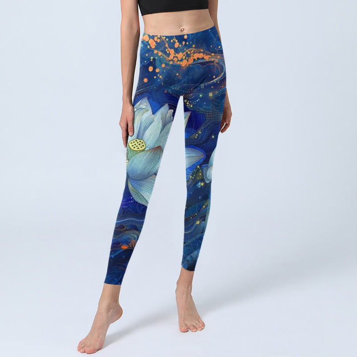 Leggings de yoga para mujer con estampado de loto blanco floreciente y Buddha Stones - image 6