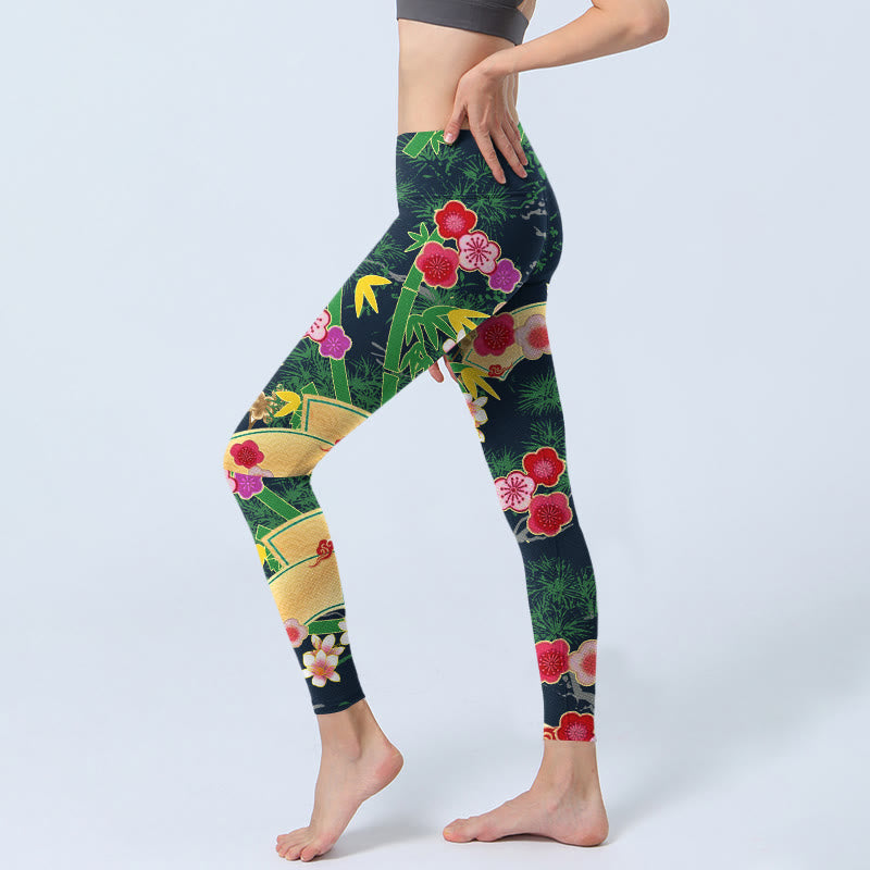 Leggings de yoga para mujer con estampado de Buddha Stones, flores de cerezo y bambú y pino - image 2