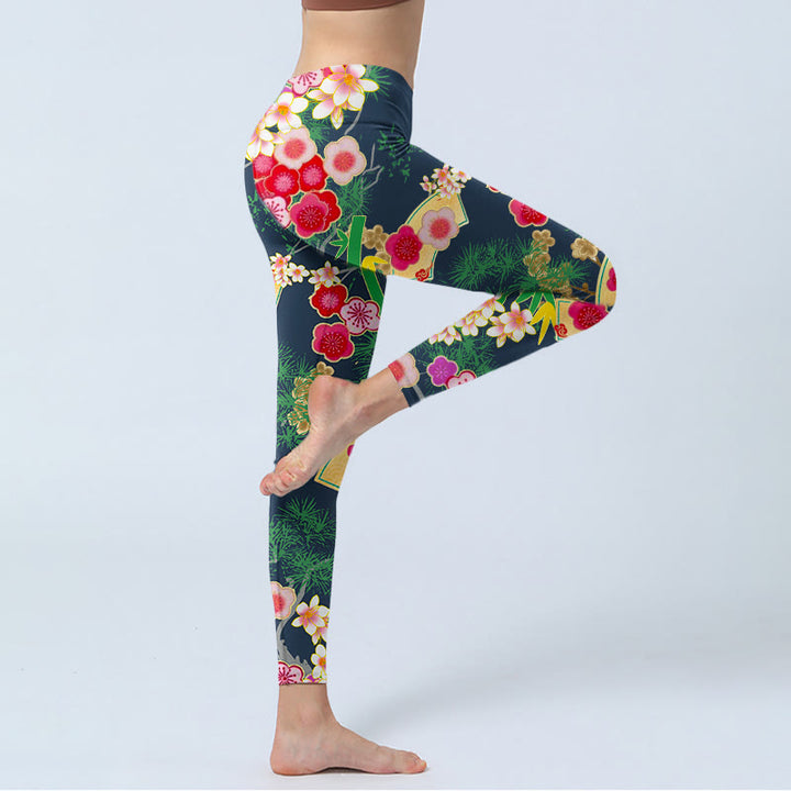 Leggings de yoga para mujer con estampado de Buddha Stones, flores de cerezo y bambú y pino - image 3