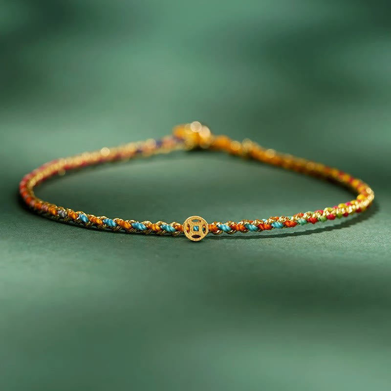 Pulsera trenzada extrafina con cuentas de moneda de la suerte y cuerda colorida de Buddha Stones - Vistoso - Cuerda con moneda de cobre - 20 cm - image 0