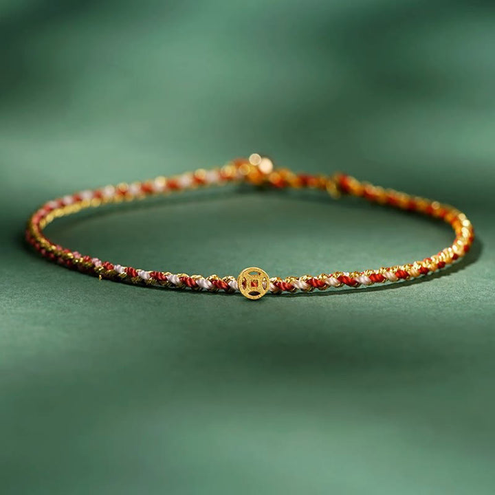 Pulsera trenzada extrafina con cuentas de moneda de la suerte y cuerda colorida de Buddha Stones - Rojo - Cuerda con moneda de cobre - 20 cm - image 7