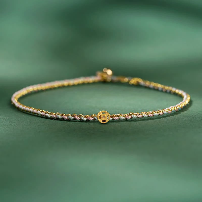 Pulsera trenzada extrafina con cuentas de moneda de la suerte y cuerda colorida de Buddha Stones - Rosa claro - Cuerda con moneda de cobre - 20 cm - image 10