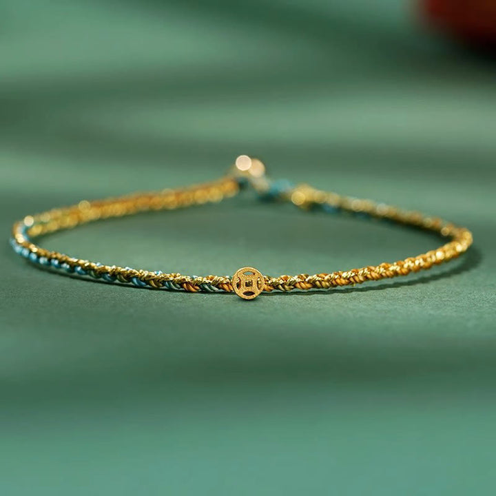 Pulsera trenzada extrafina con cuentas de moneda de la suerte y cuerda colorida de Buddha Stones - Verde - Cuerda con moneda de cobre - 20 cm - image 12
