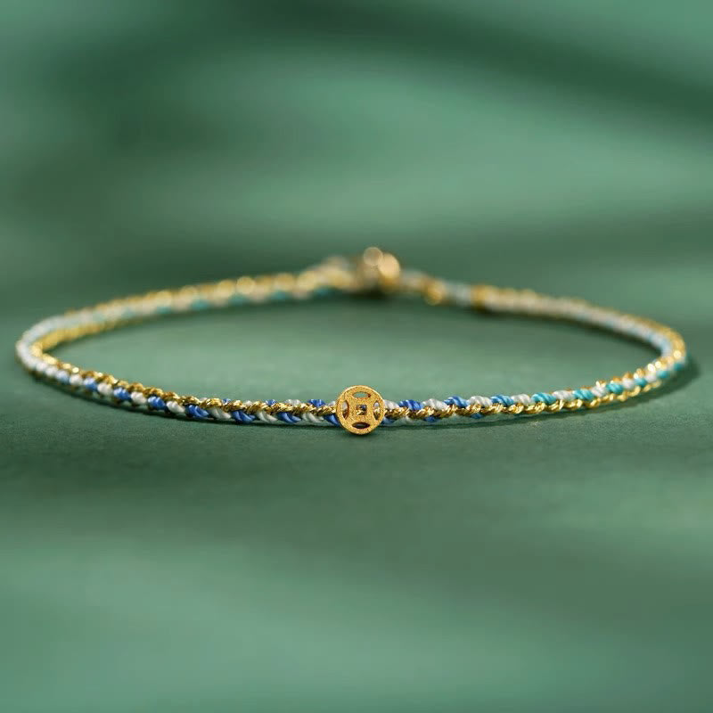 Pulsera trenzada extrafina con cuentas de moneda de la suerte y cuerda colorida de Buddha Stones - Azul - Cuerda con moneda de cobre - 20 cm - image 15