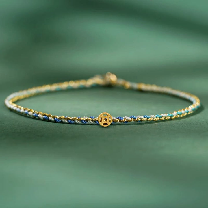Pulsera trenzada extrafina con cuentas de moneda de la suerte y cuerda colorida de Buddha Stones - Azul - Cuerda con moneda de cobre - 20 cm - image 15
