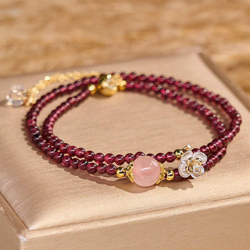 Pulsera de doble vuelta con Buddha Stones, flor natural, granate, cristal rosa y calma - image 1