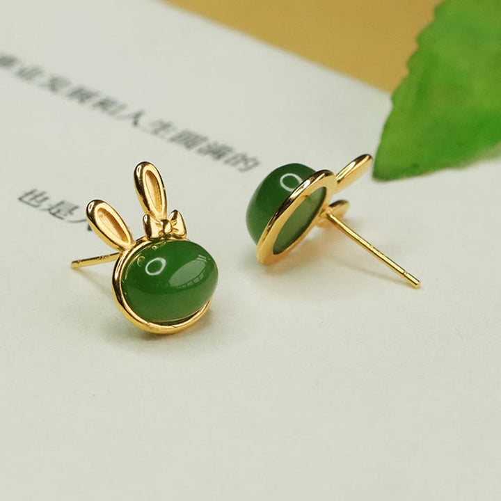 Pendientes de botón con forma de conejo de la suerte y Buddha Stones en plata de ley 925 con jade cian hetiano