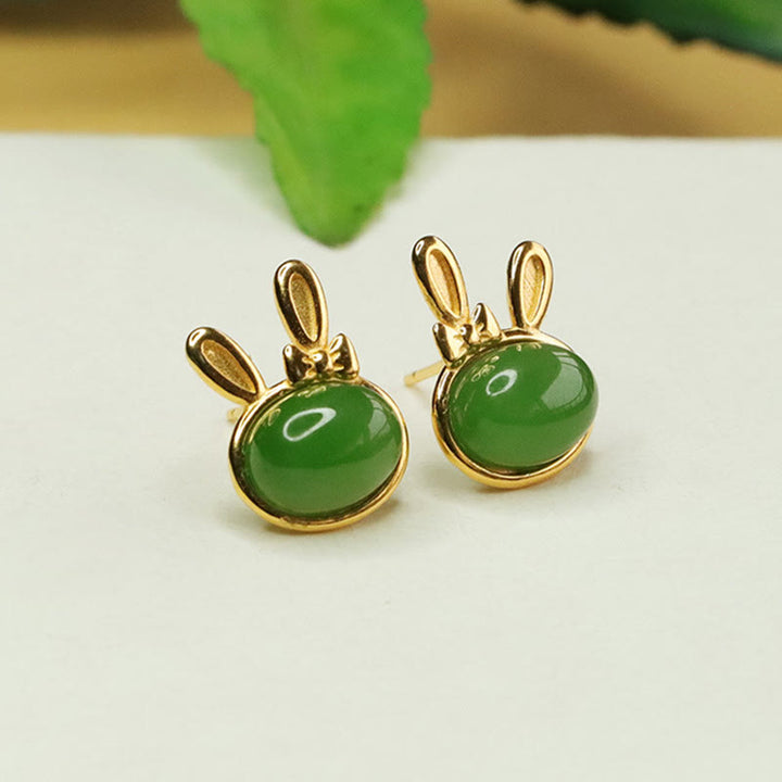 Pendientes de botón con forma de conejo de la suerte y Buddha Stones en plata de ley 925 con jade cian hetiano - image 4