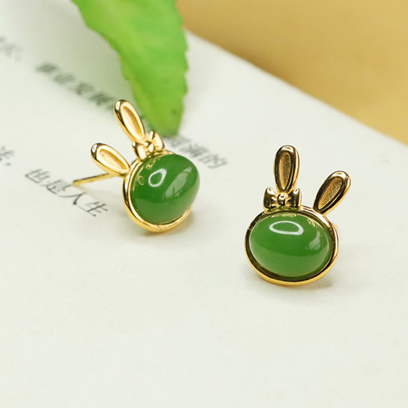 Pendientes de botón con forma de conejo de la suerte y Buddha Stones en plata de ley 925 con jade cian hetiano