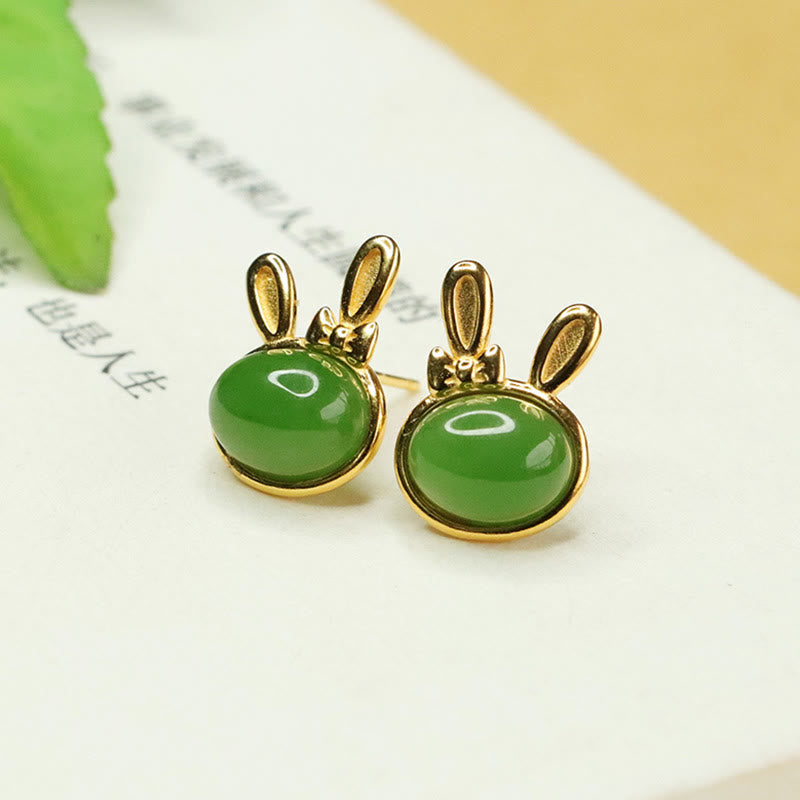 Pendientes de botón con forma de conejo de la suerte y Buddha Stones en plata de ley 925 con jade cian hetiano