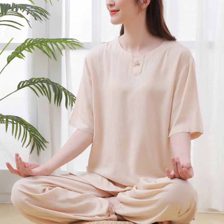 Buddha Stones de 2 piezas de camisa de media manga con cuello redondo, diseño simple, botones de rana, cintura elástica, pantalones de meditación, zen, tai chi, de algodón, para mujer
