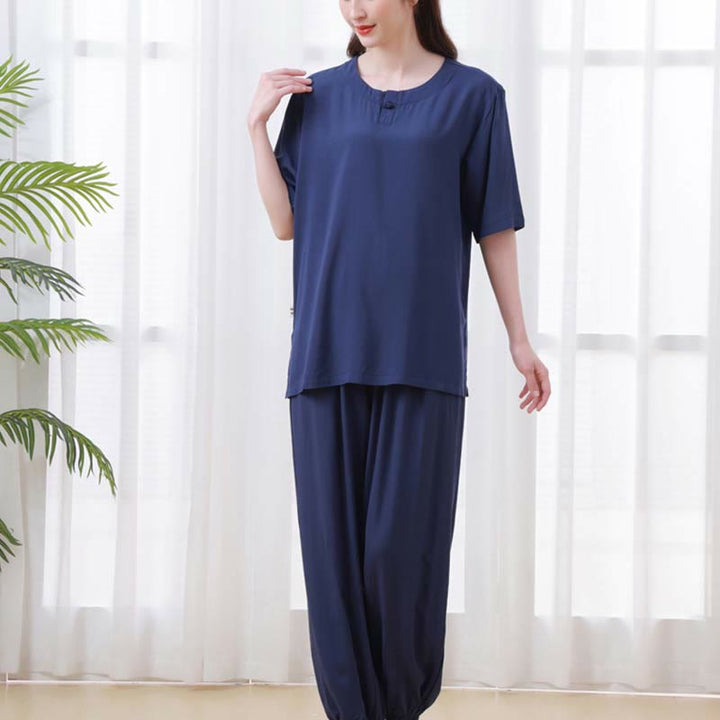 Buddha Stones de 2 piezas de camisa de media manga con cuello redondo, diseño simple, botones de rana, cintura elástica, pantalones de meditación, zen, tai chi, de algodón, para mujer - image 25