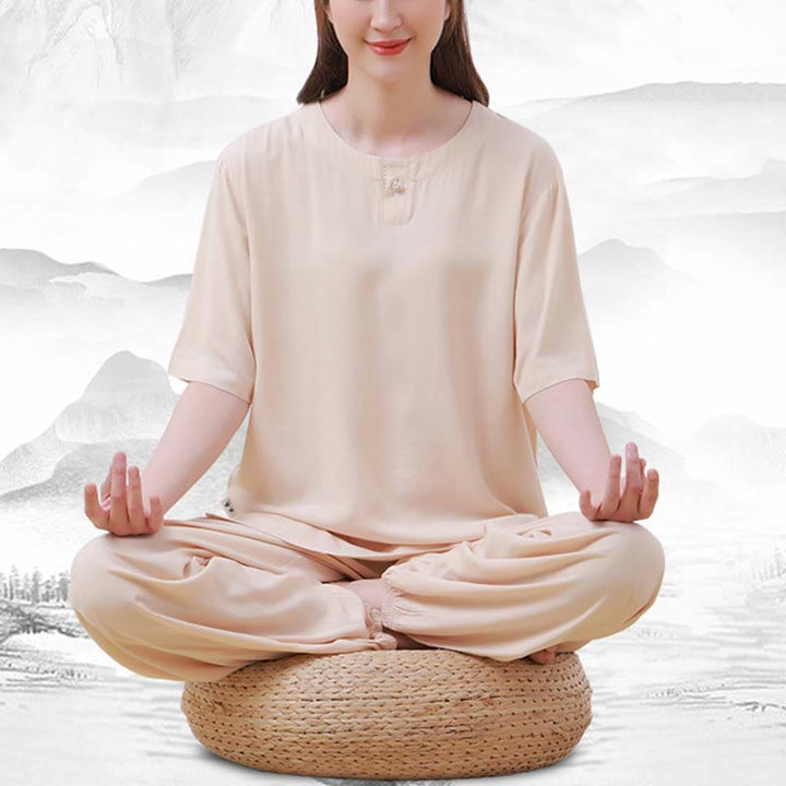 Buddha Stones de 2 piezas de camisa de media manga con cuello redondo, diseño simple, botones de rana, cintura elástica, pantalones de meditación, zen, tai chi, de algodón, para mujer