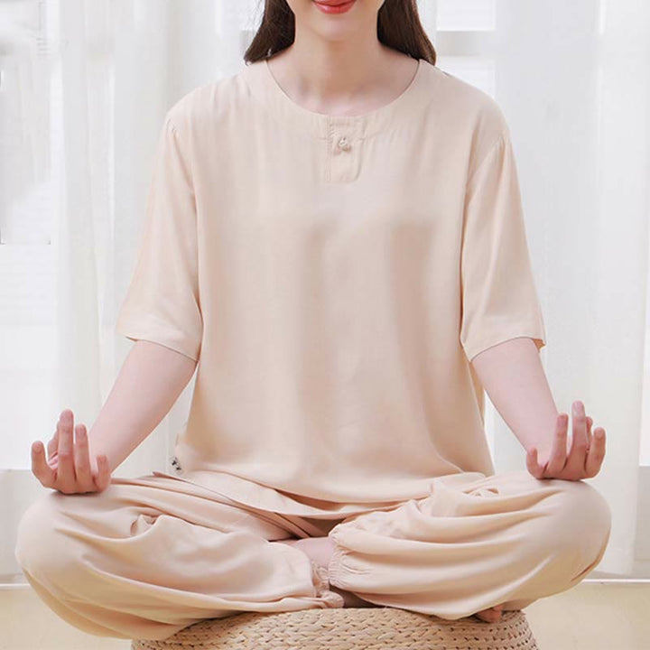 Buddha Stones de 2 piezas de camisa de media manga con cuello redondo, diseño simple, botones de rana, cintura elástica, pantalones de meditación, zen, tai chi, de algodón, para mujer